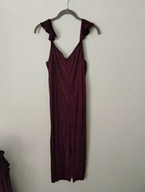 Anthropologie Sleeveless V-Neck Burgundy Jumpsuit with Ruffle Straps Medium